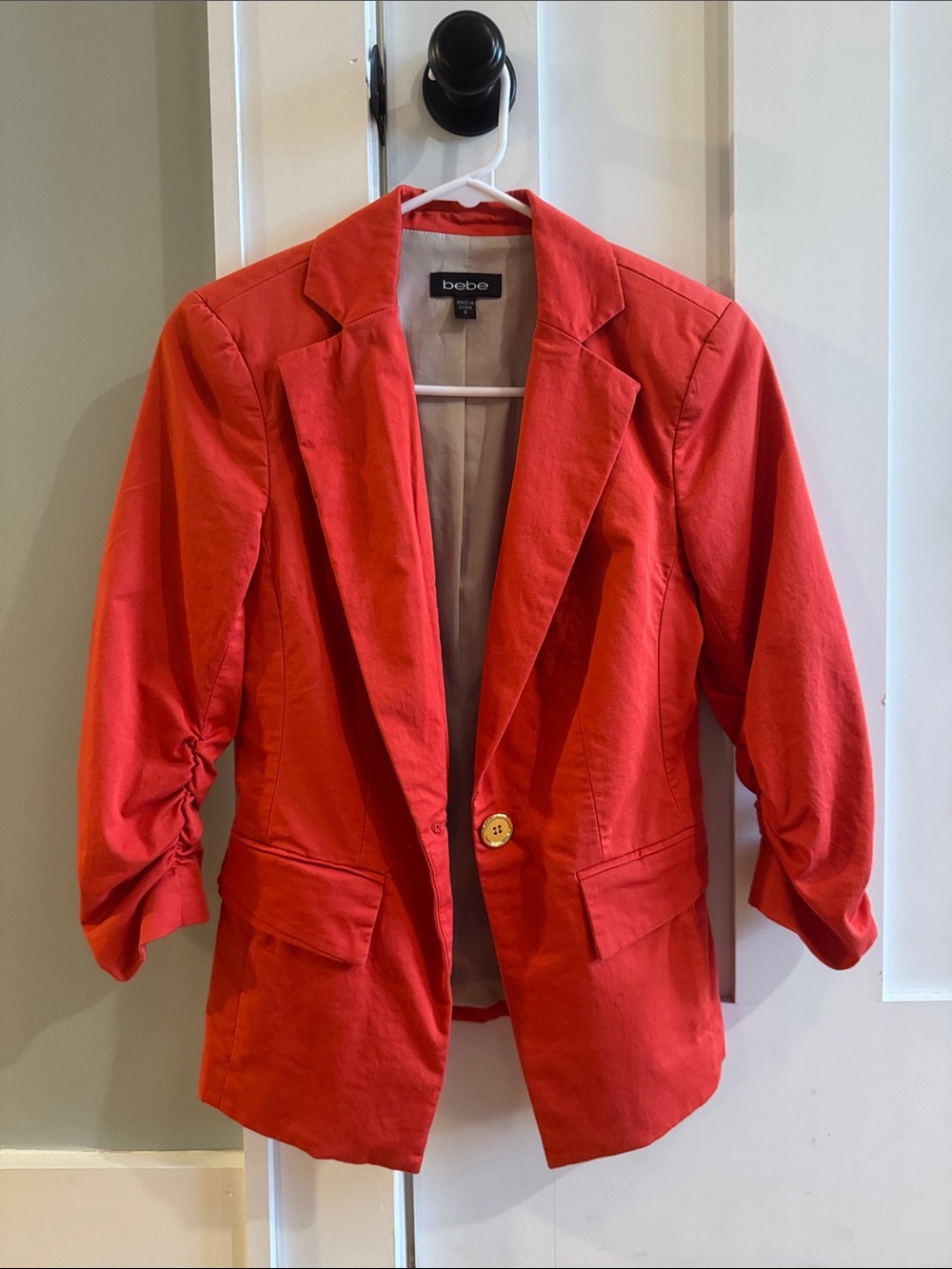 bebe Coral-Red Single-Button Ruched Sleeve Blazer